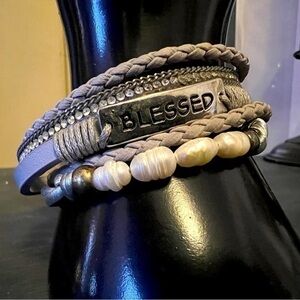 BLESSED multi-strand bracelet, gray w/ white & gold beads, magnetic closure.